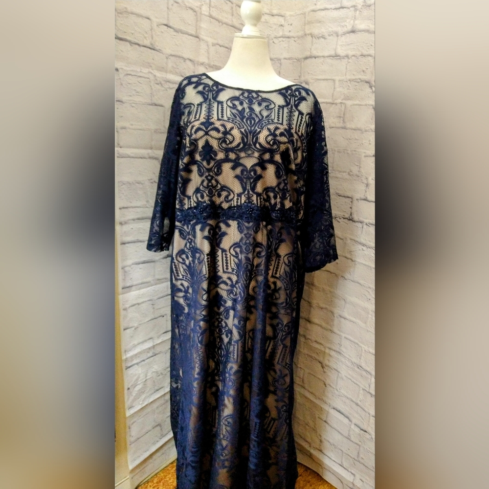 Elegant Lace Overlay Dress in Navy Blue